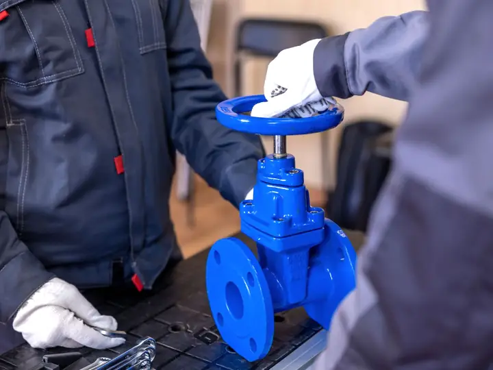 Vanne bleue manipulée avec des gants